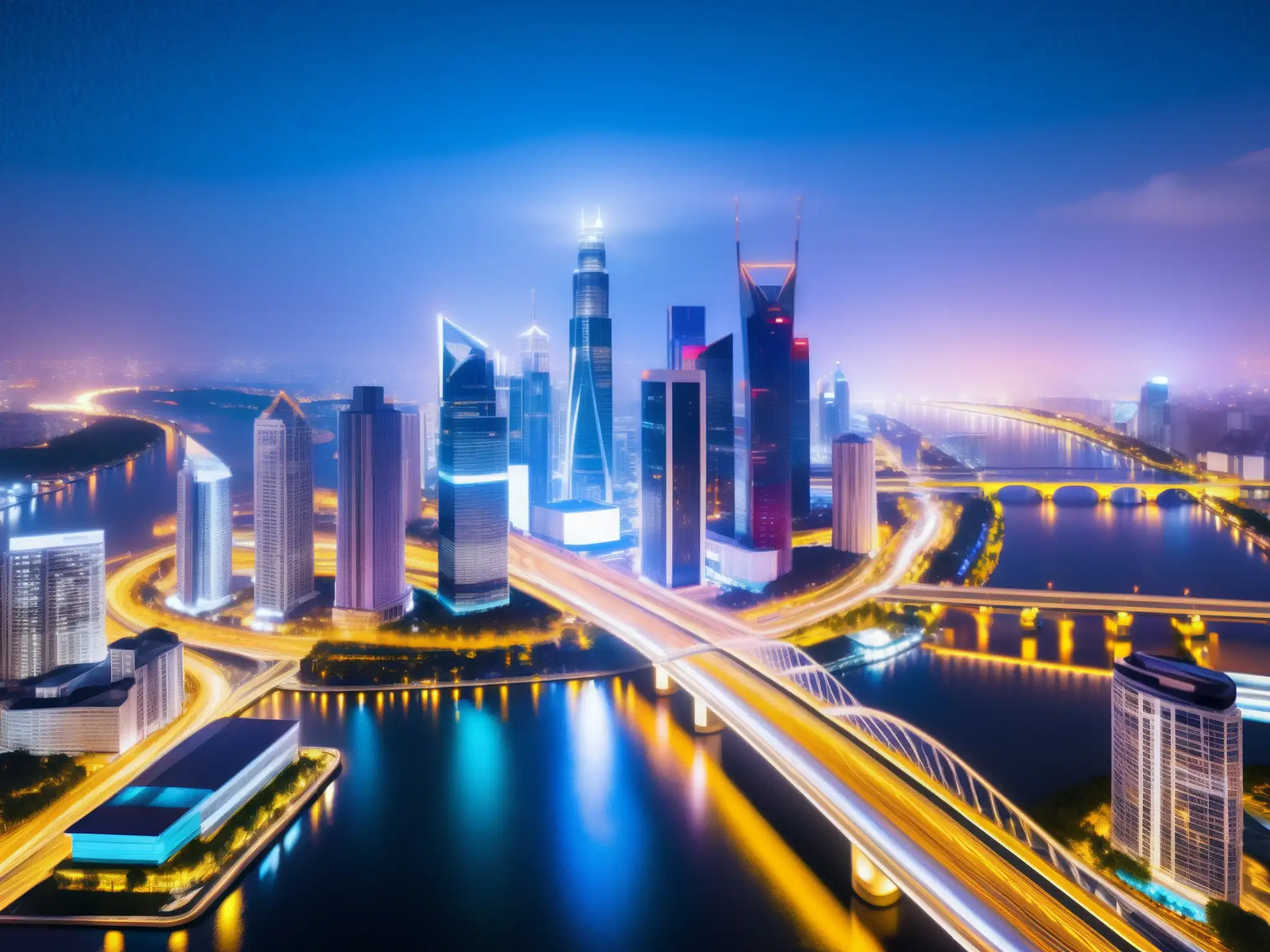Horizonte urbano futurista: 5G y conectividad Vista nocturna de la ciudad con rascacielos modernos iluminados por luces LED futuristas, reflejándose en el río
