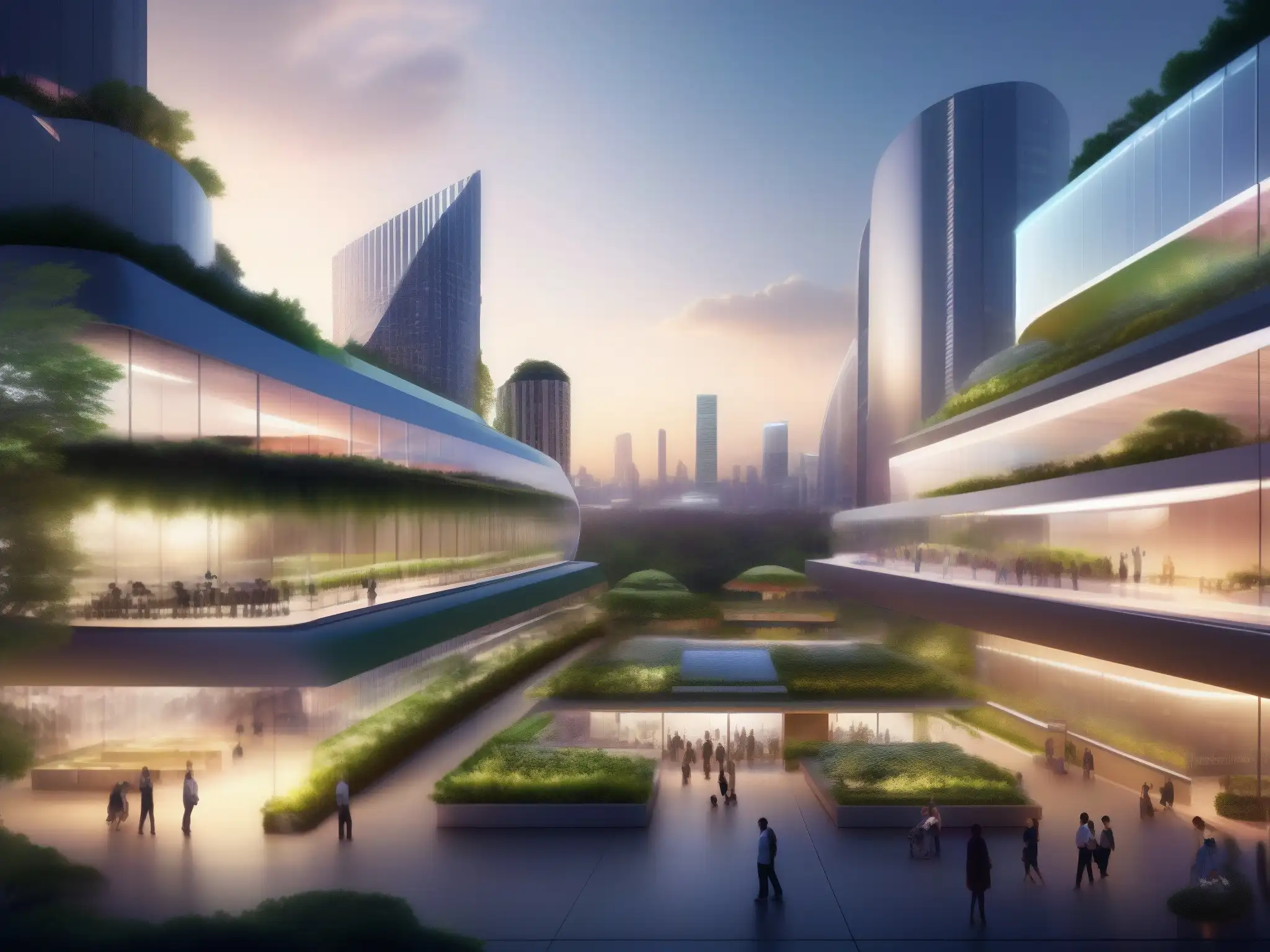 Conferencia eco-sostenible en ciudad futurista Vista panorámica de una ciudad futurista sostenible al atardecer, con edificios energéticamente eficientes iluminados por luces ecológicas