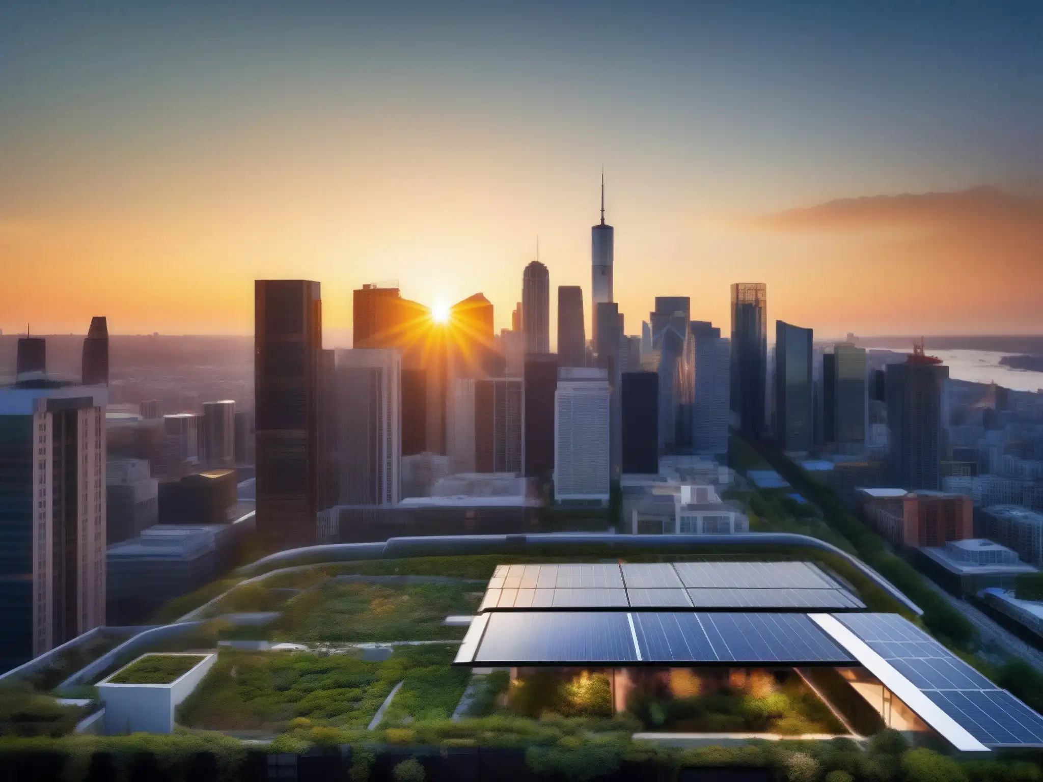 Horizonte sostenible: panorama urbano con rascacielos y tecnología verde Vista panorámica de una ciudad moderna con rascacielos, oficinas con jardín y paneles solares, iluminada por el sol