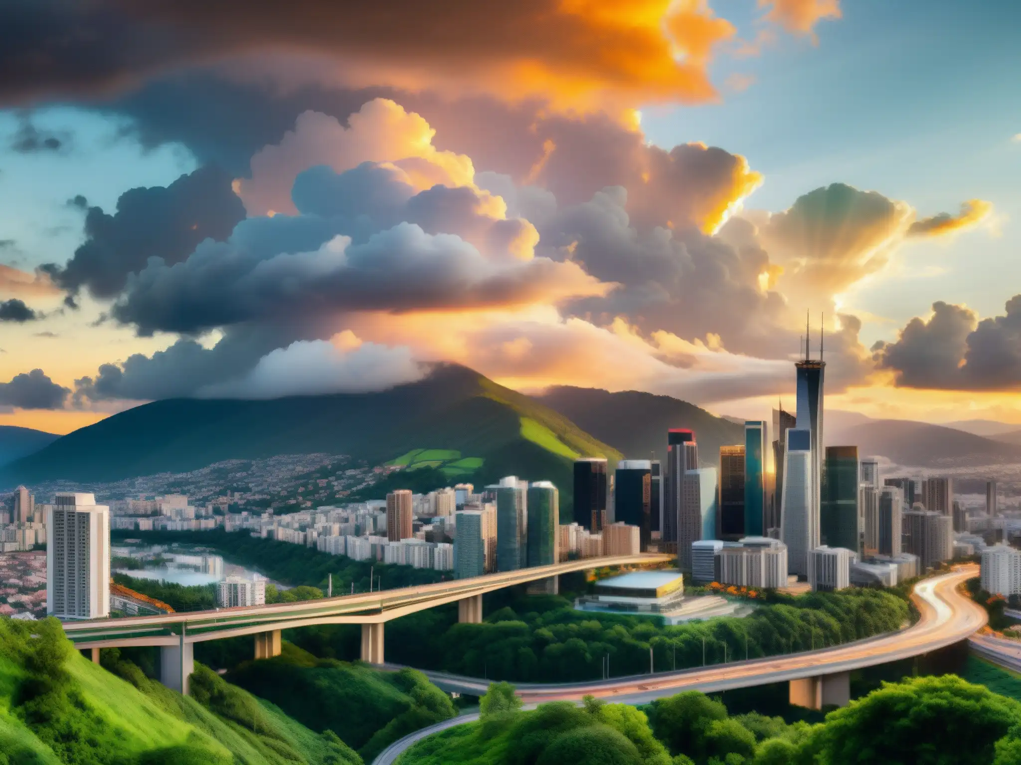 Metrópolis moderna junto a la naturaleza Vista panorámica de una ciudad moderna con rascacielos y carreteras, contrastando con montañas verdes