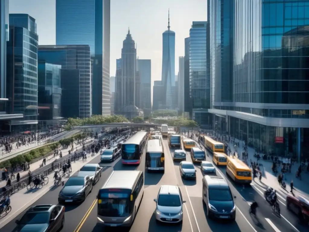 Vida urbana: Profesionales multitarea en la ciudad Vista panorámica de la ciudad con profesionales multitasking, reflejando la productividad en videoconferencias