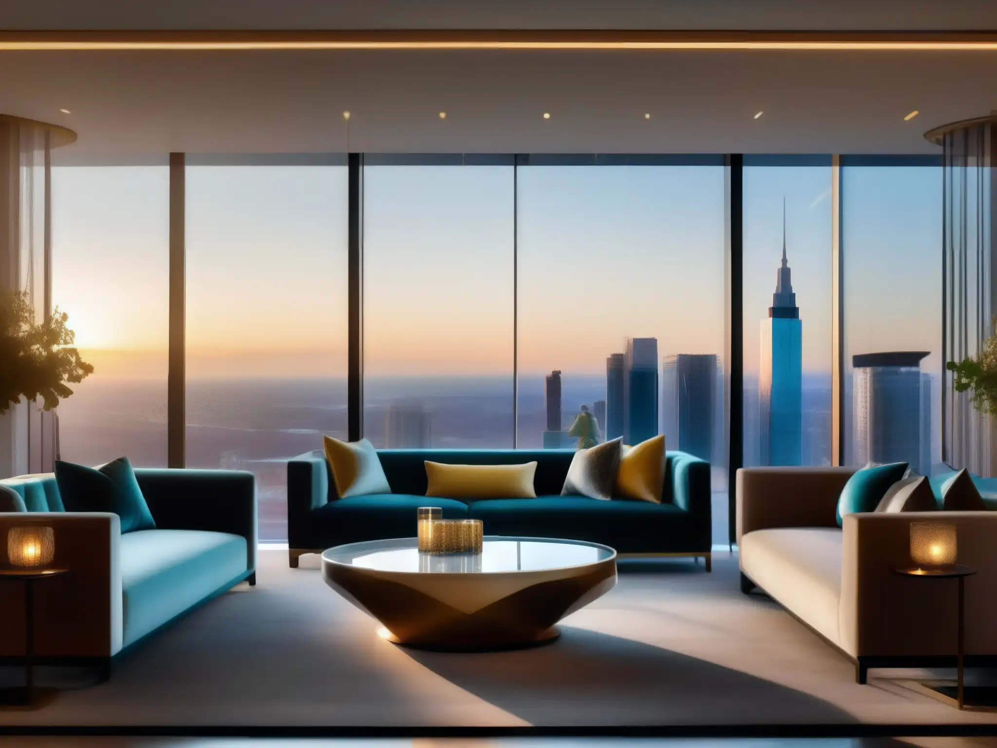 Lobby de hotel de lujo con vistas a la ciudad Vista panorámica de un elegante lobby de hotel con lujosas comodidades y el impacto de Lifesize en hotelería