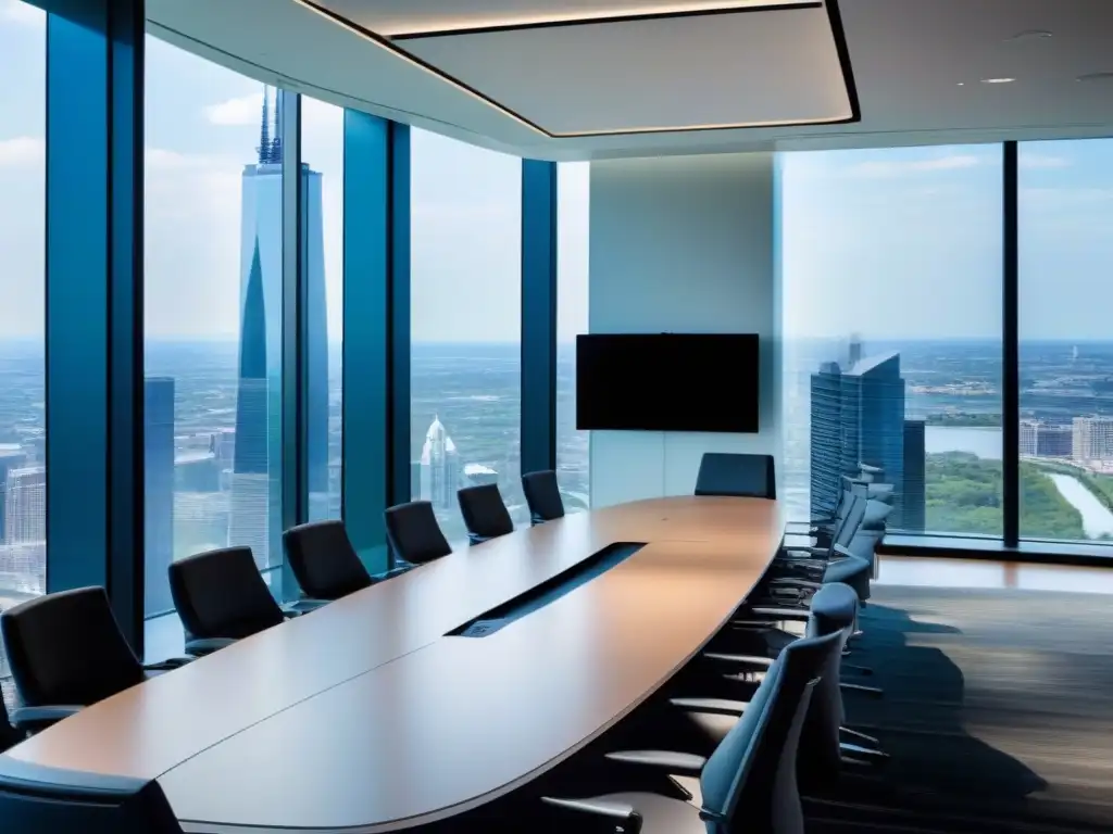 Sala de juntas moderna con tecnología de vanguardia y vistas a la ciudad Vista panorámica de una moderna sala de juntas con tecnología de videoconferencia, inundada de luz natural y elegante diseño