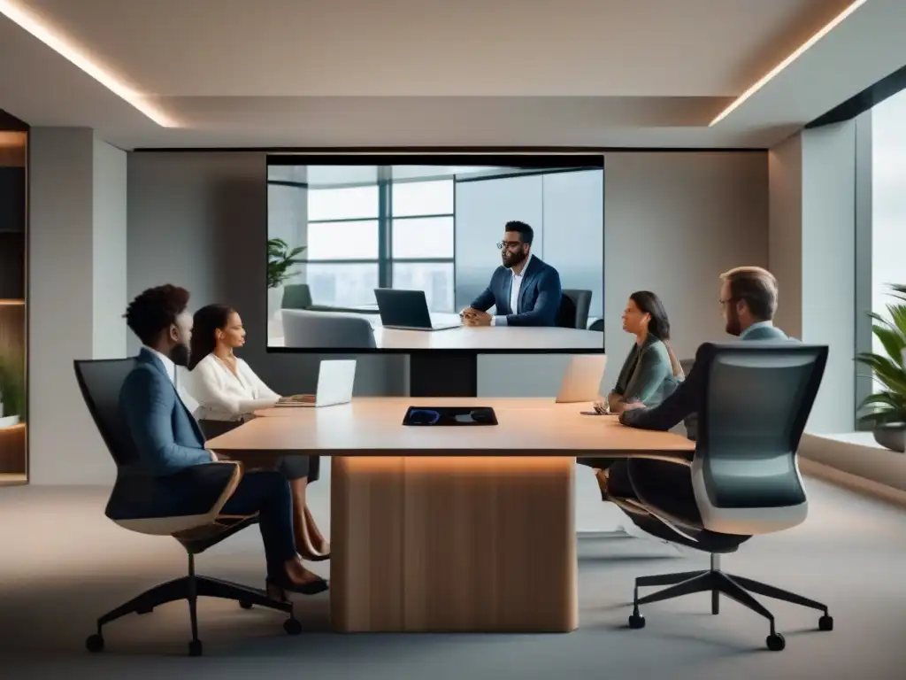 Conferencia de video ultrarresoluta con tecnología de vanguardia Vista panorámica de una moderna sala de videoconferencias en 8K, con profesionales colaborando en una atmósfera innovadora