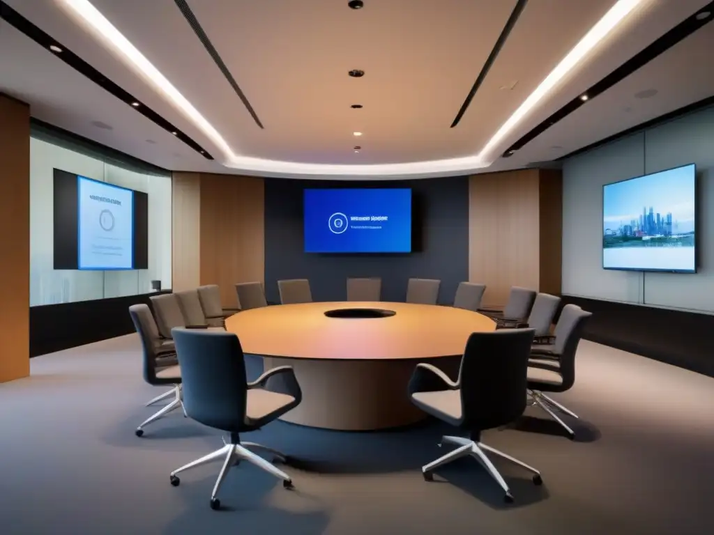 Sala de reuniones virtual de vanguardia Vista de sala de reuniones virtuales con diseño moderno y automatización gestión reuniones virtuales, ambiente profesional y vanguardista