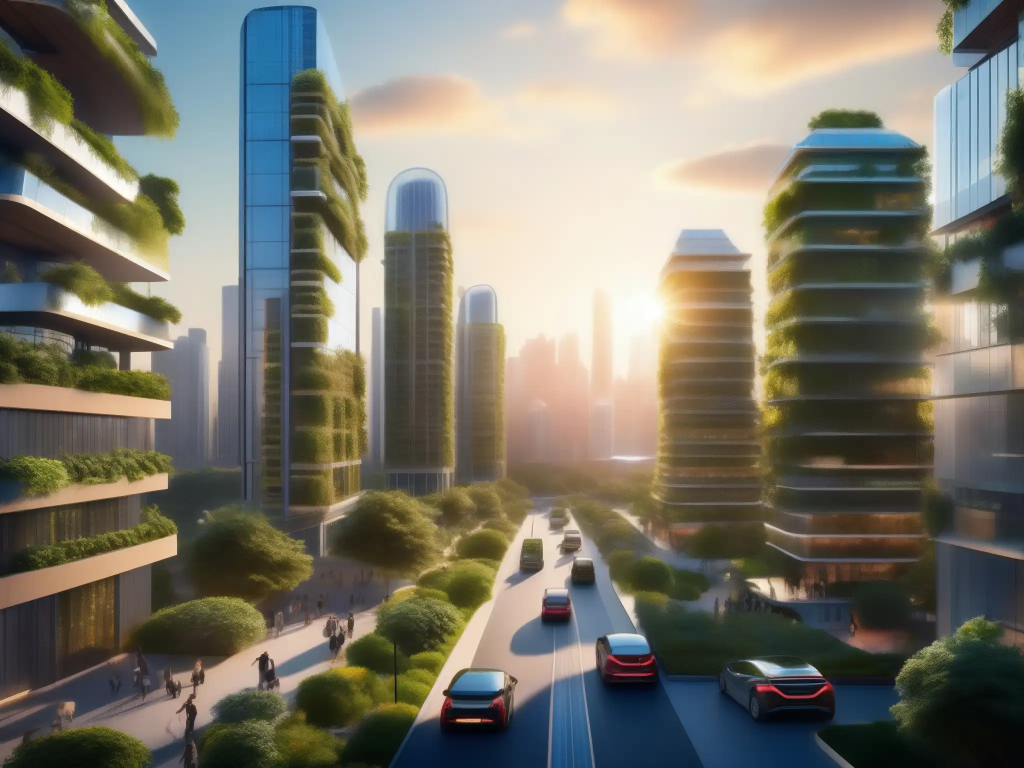 Cityscape Futurista: Armonía Eco-Tech Vista urbana futurista con rascacielos verdes y tecnología sostenible