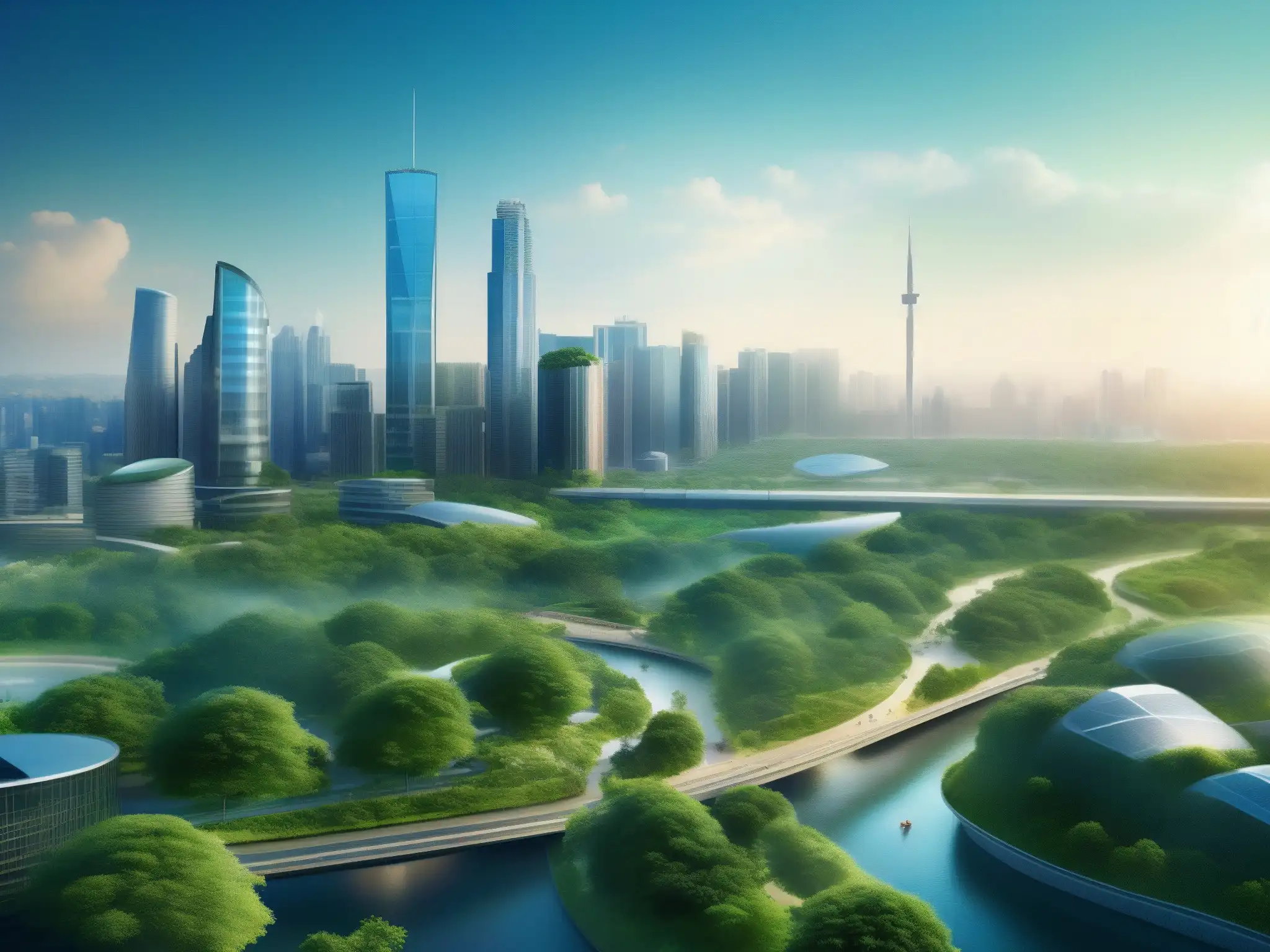 Horizonte urbano verde: armonía entre desarrollo y sostenibilidad Vista urbana con rascacielos y naturaleza, destacando el impacto de videoconferencias en la huella de carbono