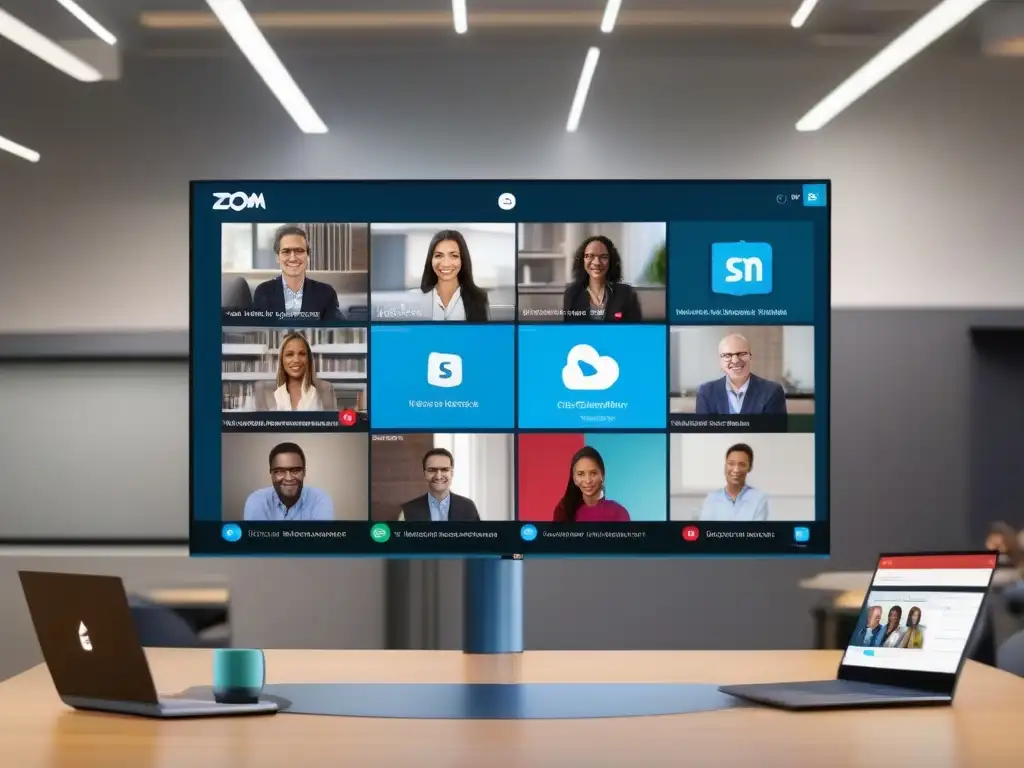 Comparación virtual: Zoom, Teams y Skype Comparación visual de interfaces de Zoom, Teams y Skype con fondos virtuales personalizados