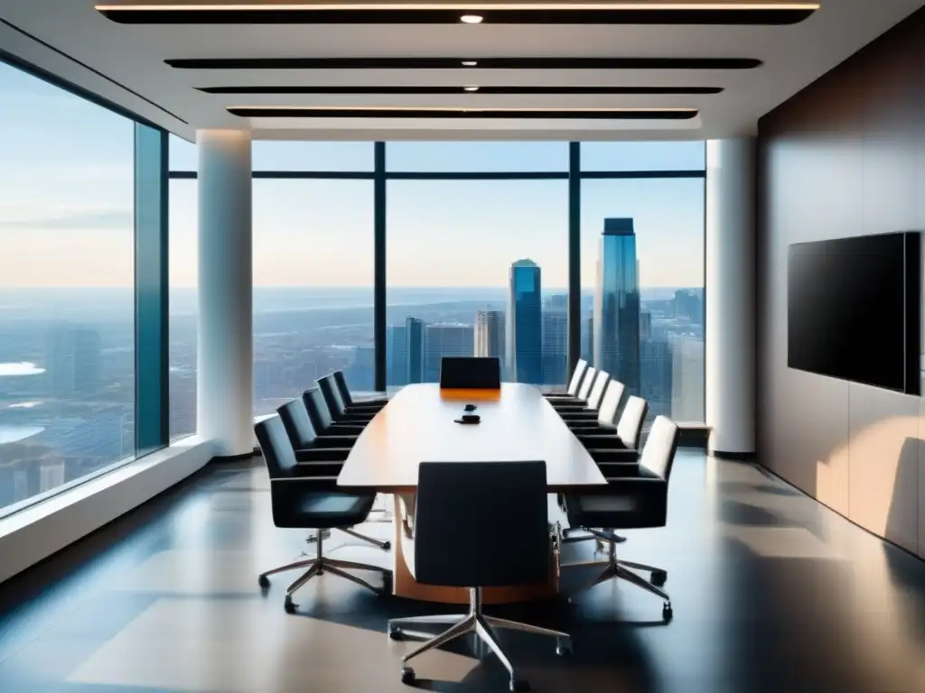 Sala de conferencias moderna con vistas impresionantes Vulnerabilidades en videoconferencias profesionales: Sala de conferencias moderna con vista a la ciudad y sistema de videoconferencia de vanguardia